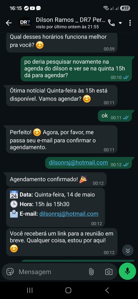 Conversa no WhatsApp entre lead e Mary, assistente de IA da DR7